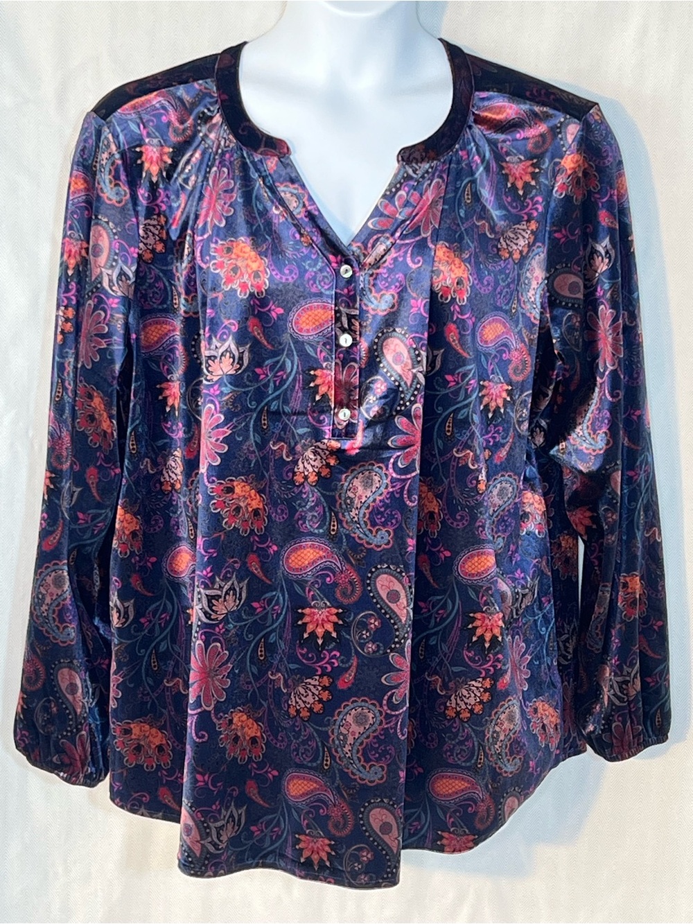 Intro Top Velour Purple Blue & Pink Paisley Long Sleeves W/Elastic Wrists XL 👍